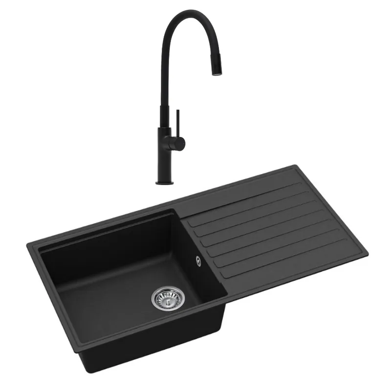 100x50 cm évier avec égouttoir réversible en granite à encastrer + mitigeur aérateur Neoperl®, noir mat (SATSINKGQK103B-S1)
