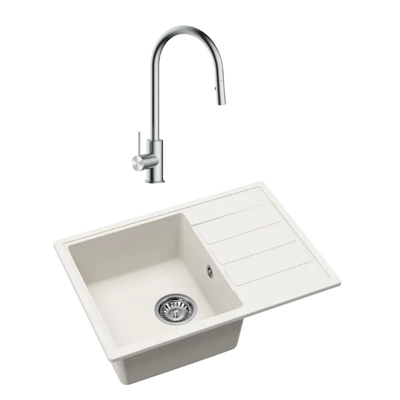 62x44 cm évier avec égouttoir réversible en granite à encastrer + mitigeur avec douchette 2 jets, blanc (SATSINKGE2W-SET1)