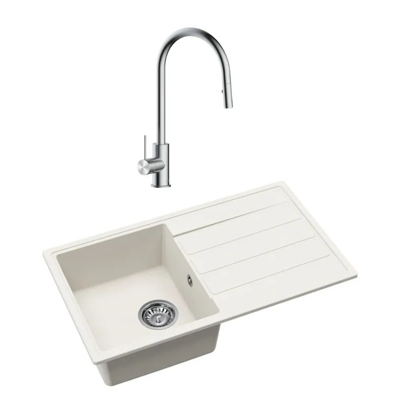 76x44 cm évier avec égouttoir réversible en granite à en castrer + mitigeur avec douchette 2 jets, blanc (SATSINKGE3W-SET1)