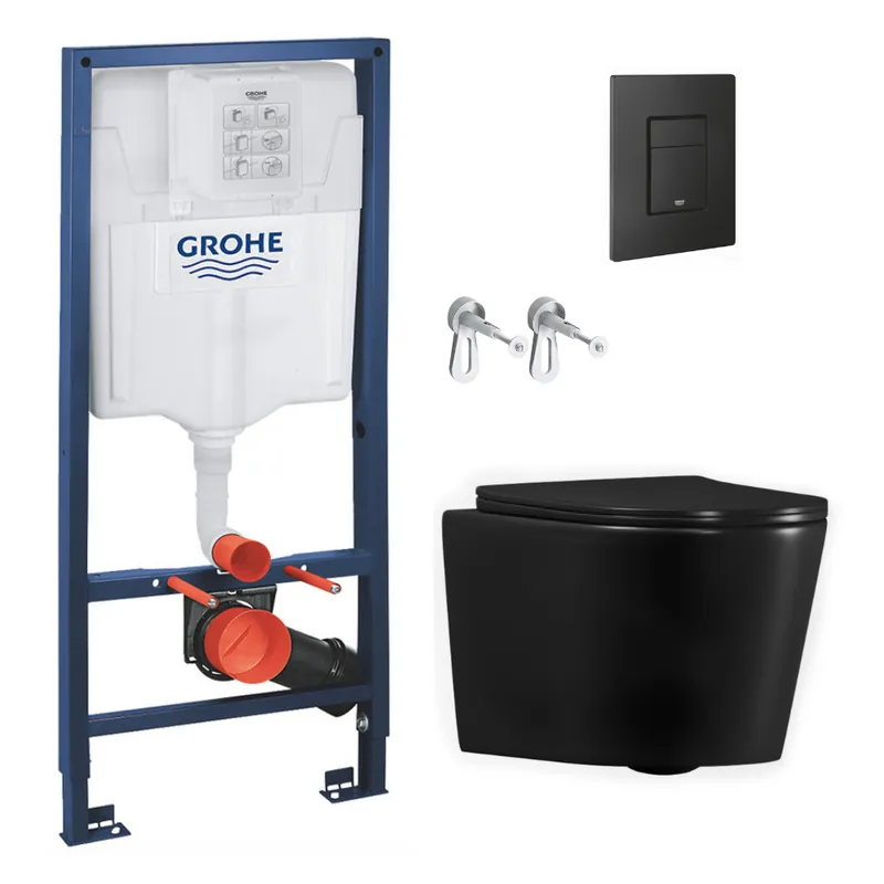Pack WC bâti-support Rapid SL + WC suspendu sans bride Ceramia + abattant SoftClose + plaque noire mat (RSLBLCETORKF0)