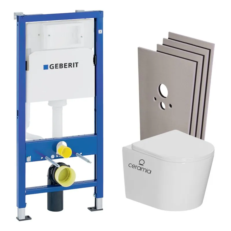 Pack WC bâti-support Duofix + WC suspendu sans bride + abattant SoftClose + plaque blanche + set d‘habillage (CETORGEB1SB)