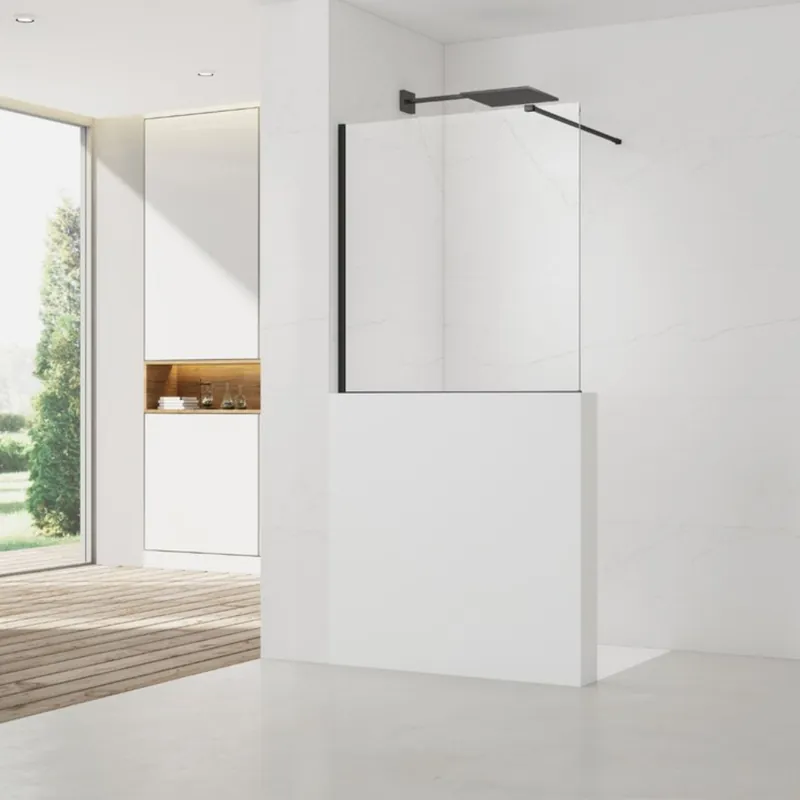Pare-muret 100x90cm Paroi en verre Crystal Glass® 8 mm anticalcaire, avec bras et profilés noir mat (SATBWIS90PRC)