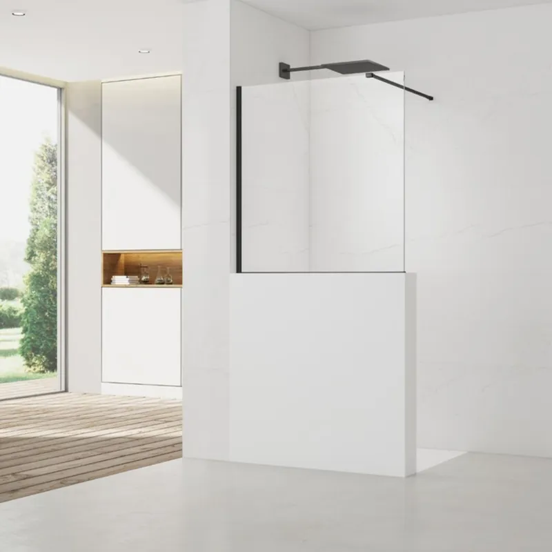 Pare-muret 110x100cm Paroi en verre Crystal Glass® 8 mm anticalcaire, avec bras et profilés noir mat (SATBWIS110PRC)