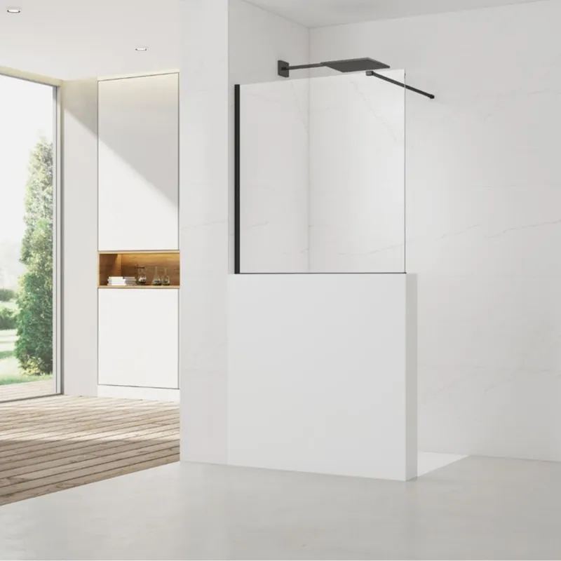 Pare-muret 120x100cm Paroi en verre Crystal Glass® 8 mm anticalcaire, avec bras et profilés noir mat (SATBWIS120PRC)