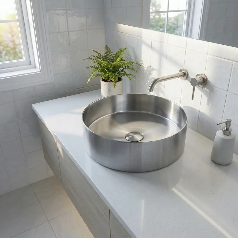 Vasque à poser ronde Aurum 38 x 38 x 11 cm en acier inoxydable brossé sans trop-plein avec bonde (SATAUR3838BS)