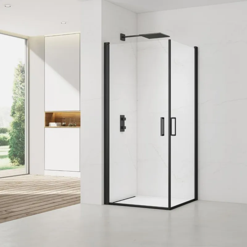 Fusion Portes de douche acces en angle pivotantes 90x80cm anticalcaire avec profilés noir mat (SATFUD9080C-SET)