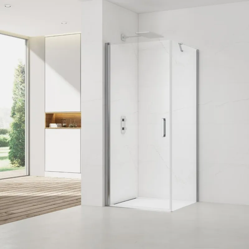 Fusion ensemble porte pivotante /paroi 90x90cm anticalcaire avec profilés chrome brillant (SATFUD90S90-SET)
