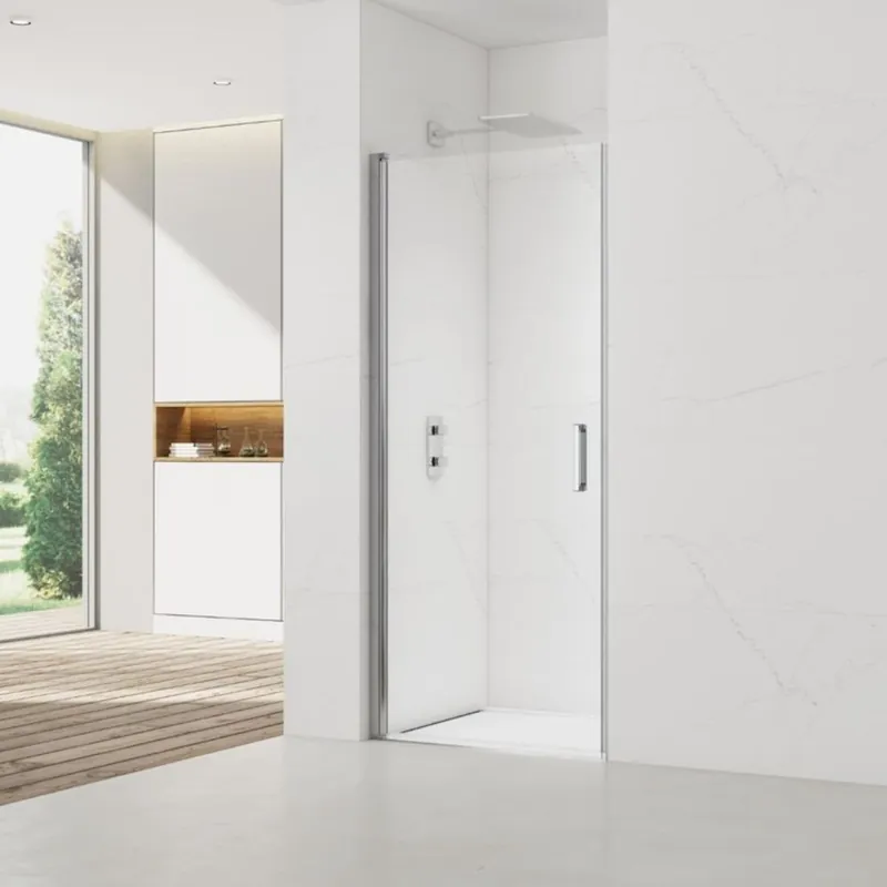Fusion ensemble porte pivotante /paroi 100x100cm anticalcaire avec profilés chrome brillant (SATFUD100S100-SET)