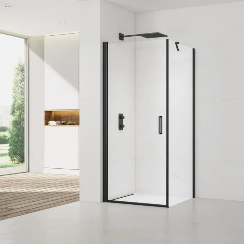 Fusion ensemble porte pivotante /paroi 90x100cm anticalcaire avec profilés noir mat (SATFUD90S100C-SET)