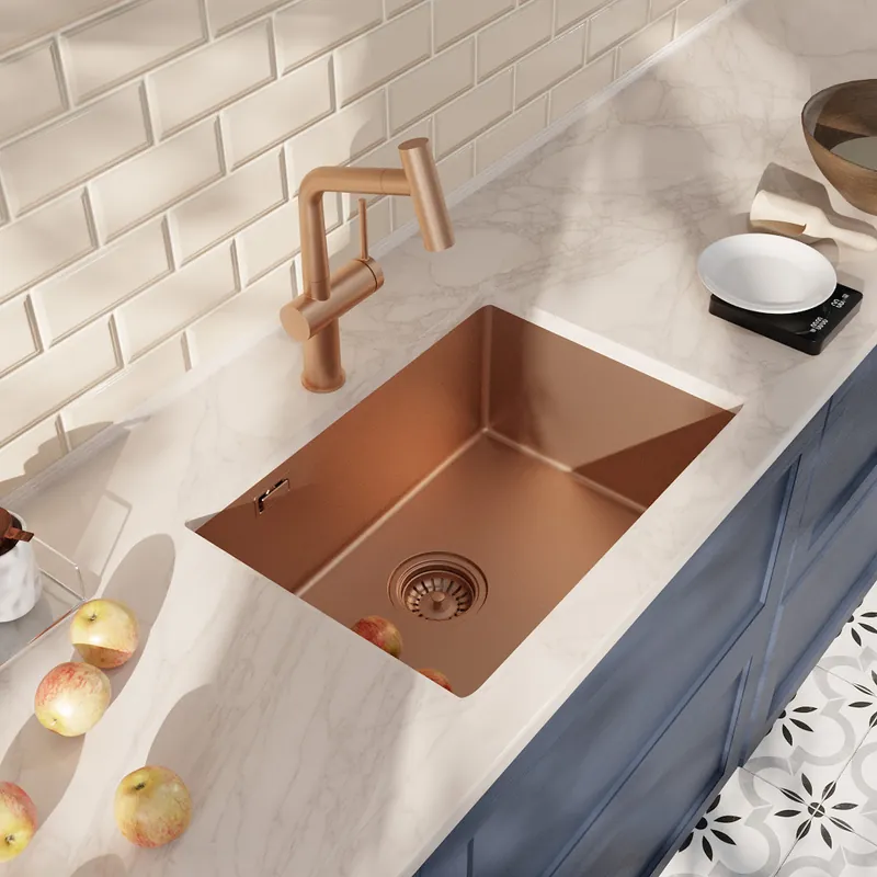 Timeless 55x45x21 cm évier sous plan en inox 304 + mitigeur inox avec douchette extractible, cuivre brossé (TMLKSU-5545BCP-M1)