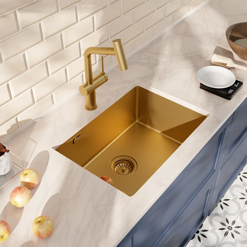 Timeless 55x45x21 cm évier sous plan en inox 304, 1 bac + mitigeur inox avec douchette extractible, or brossé (TMLKSU-5545BG-M1)
