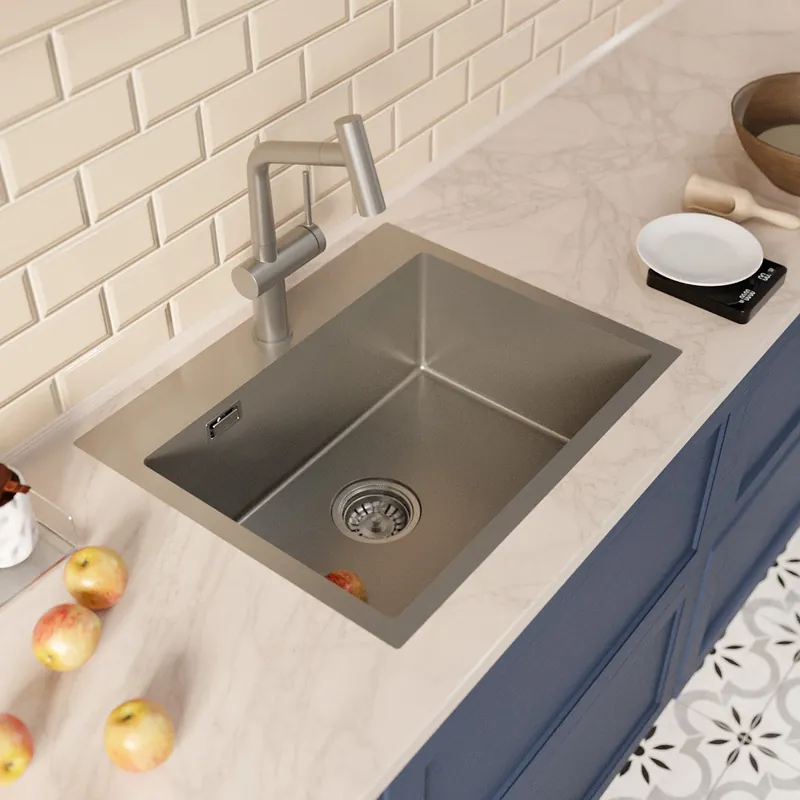 Timeless 55x45x21 cm évier encastrable inox 304 + mitigeur inox avec douchette extractible, gun metal brossé (TMLKST-5545BGM-M1)