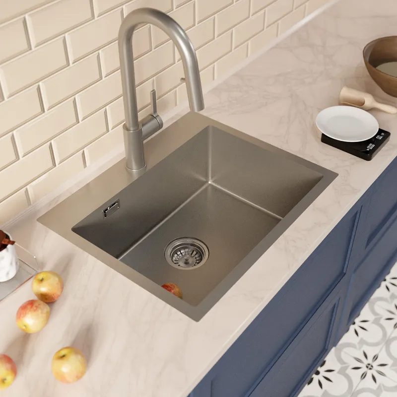 Timeless 55x45x21 cm évier encastrable inox 304 + mitigeur inox avec douchette extractible, gun metal brossé (TMLKST-5545BGM-M2)