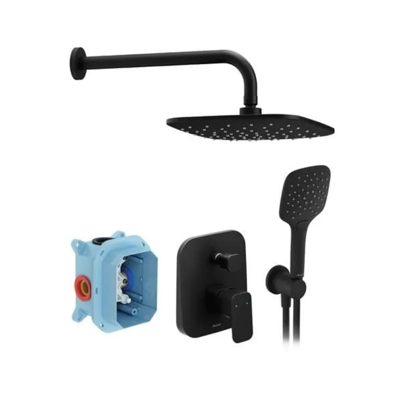 10° ensemble de douche de douche 3 jets à encastrer avec mitigeur à levier, noir (X07S013)