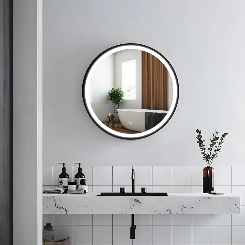 Armoire de toilette avec miroir rond et éclairage LED, 60x60 cm noir, SAT (SATZGALED60CE)