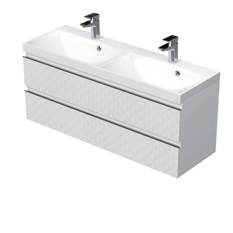 Cube Way 120x47,5x40 cm set meuble de salle de bain mural + double vasque à encastrer en marbre coulé, blanc (CUBE3D1202ZB)
