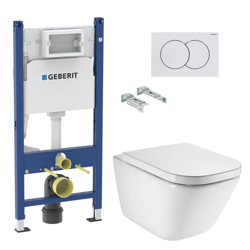 Duofix Pack WC bâti-support + WC suspendu sans bride Roca avec abattant SoftClose + plaque blanche (GEBROGAWR01-FR)