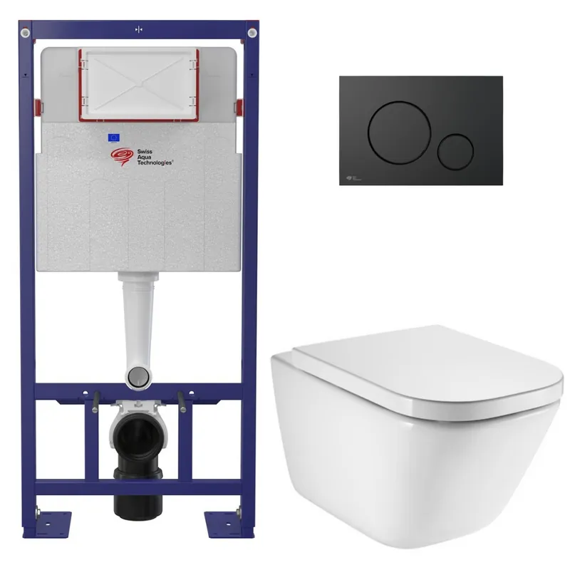 Pack WC bâti-support autoportant + WC suspendu sans bride avec abattant SoftClose + plaque noir mat (STROGAWR03-U)