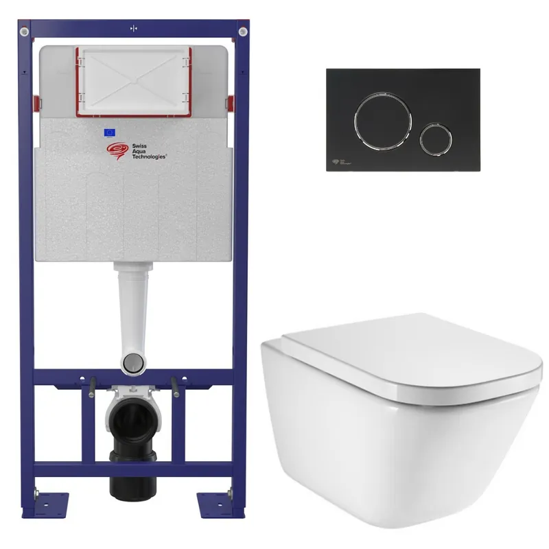 Pack WC bâti-support autoportant + WC suspendu sans bride avec abattant SoftClose + plaque noir mat (STROGAWR07-U)