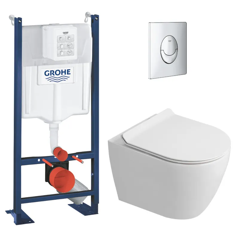 Rapid SL Pack WC bâti autoportant + WC suspendu sans bride Ceramia avec abattant SoftClose + plaque chrome (GRRCEPXWR10-FR)