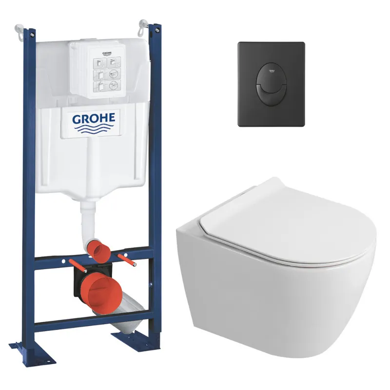 Rapid SL Pack WC bâti autoportant + WC suspendu sans bride Ceramia avec abattant SoftClose + plaque noir mat (GRRCEPXWR11-FR)
