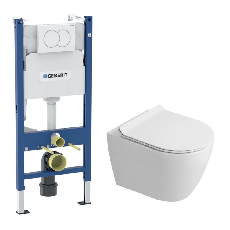 Duofix Pack WC bâti-support 112 cm + WC suspendu sans bride Ceramia avec abattant SoftClose + plaque blanche (GEBCEPXWT01-FR)