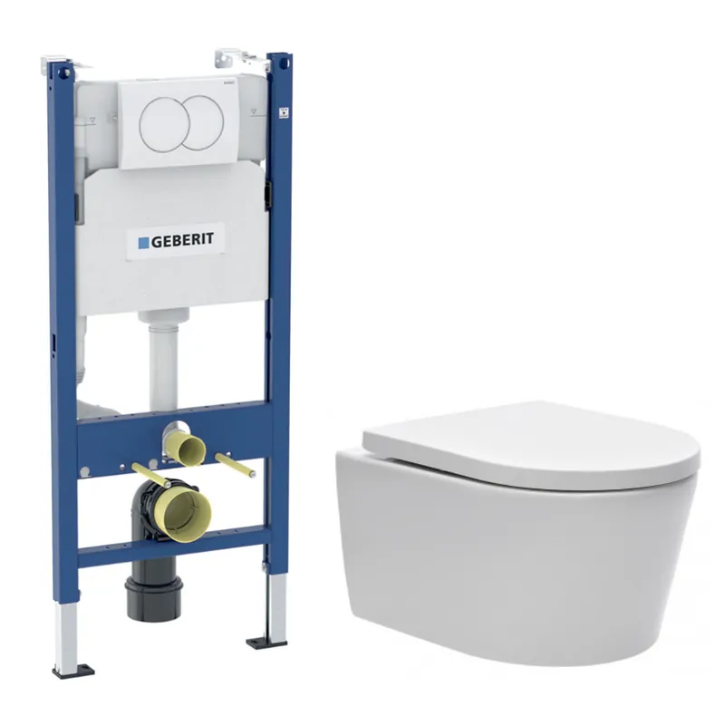 Duofix Pack WC bâti 112 cm + WC suspendu sans bride avec abattant SoftClose Swiss Aqua Technologies + plaque (GEBSTBRWR01MAN-FR)