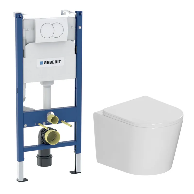 Duofix Pack WC bâti-support + WC suspendu sans bride avec abattant SoftClose Ceramia + plaque blanche (GEBCE14WT01MAN-FR)