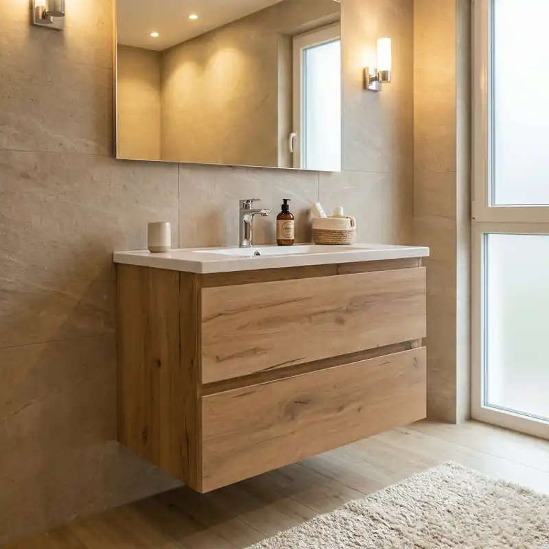 B-Way 79x50x45 cm meuble de salle de bain suspendu 2 tiroirs avec lavabo en marbre coulé, chêne mat (BWAY280OAKU)