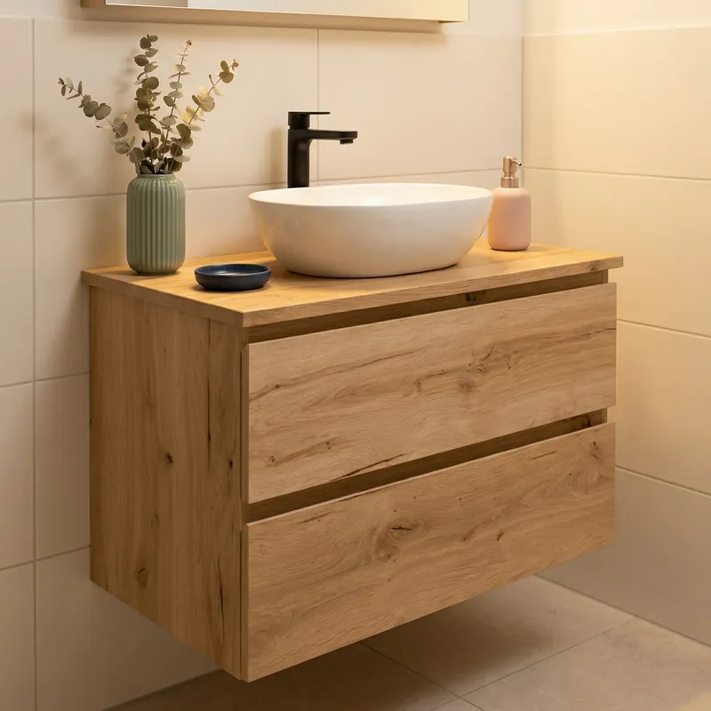 Meuble de salle de bain suspendu 80 cm avec plan de toilette, 2 tiroirs, chêne Halifax mat, SAT B-Way (BWAY280OAKDESK)