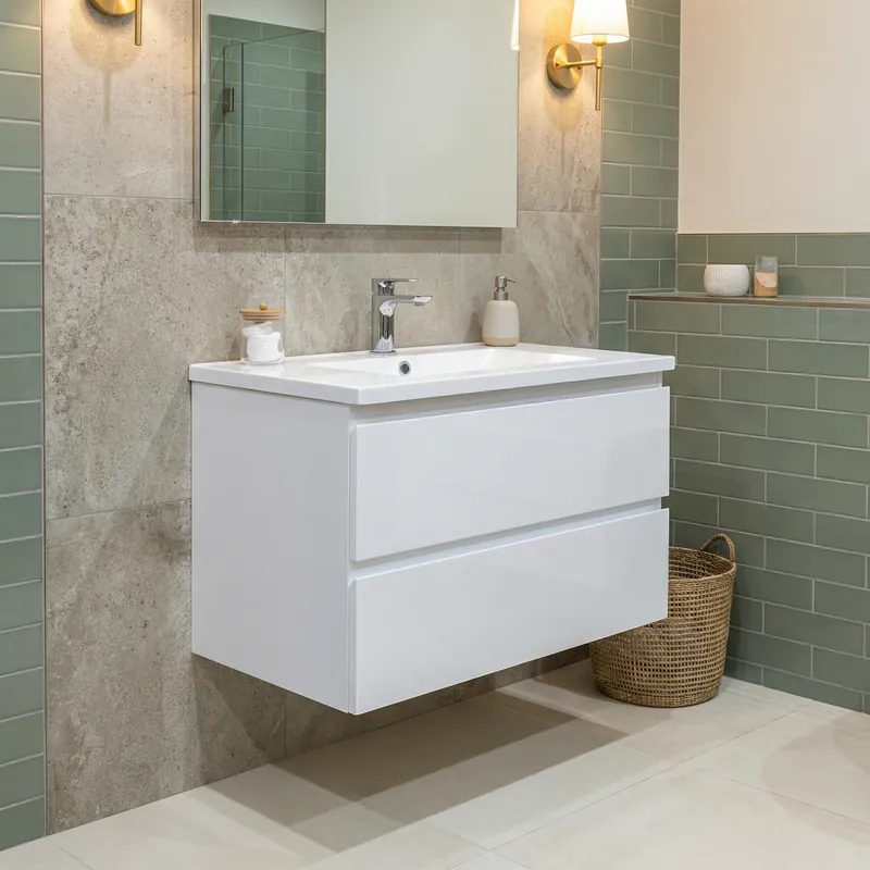 Meuble de salle de bain suspendu 80 cm avec lavabo en marbre coulé, 2 tiroirs, blanc brillant, SAT B-Way (BWAY280WU)