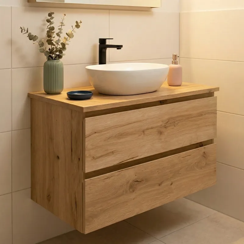 Meuble de salle de bain suspendu 100 cm avec plan de toilette, 2 tiroirs, chêne Halifax mat, SAT B-Way (BWAY2100OAKDESK)