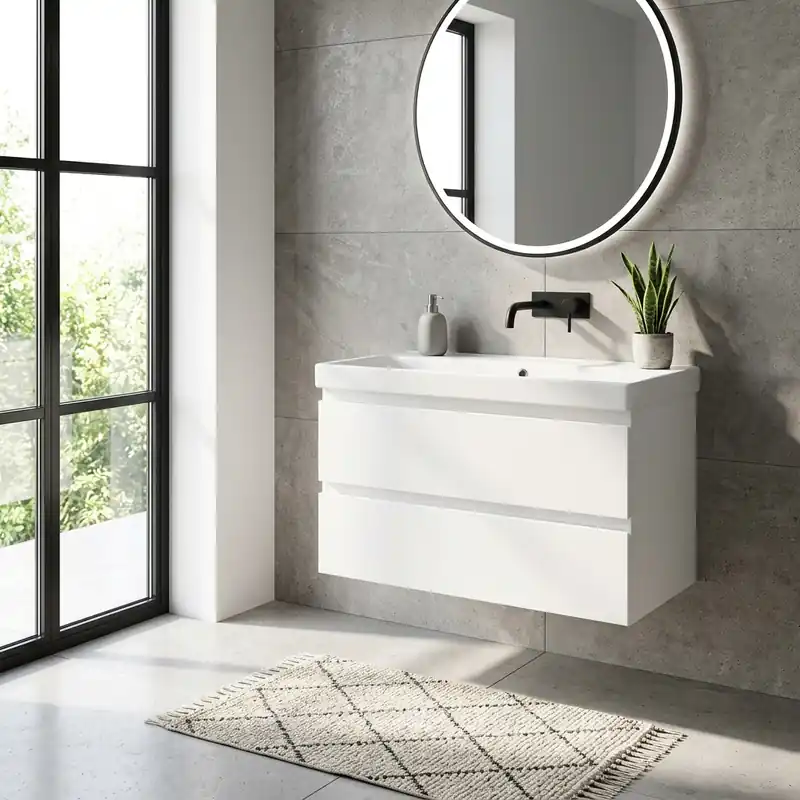 Meuble de salle de bain suspendu 100 cm avec lavabo, 2 tiroirs, blanc brillant, SAT B-Way (BWAY2100WU1BI)