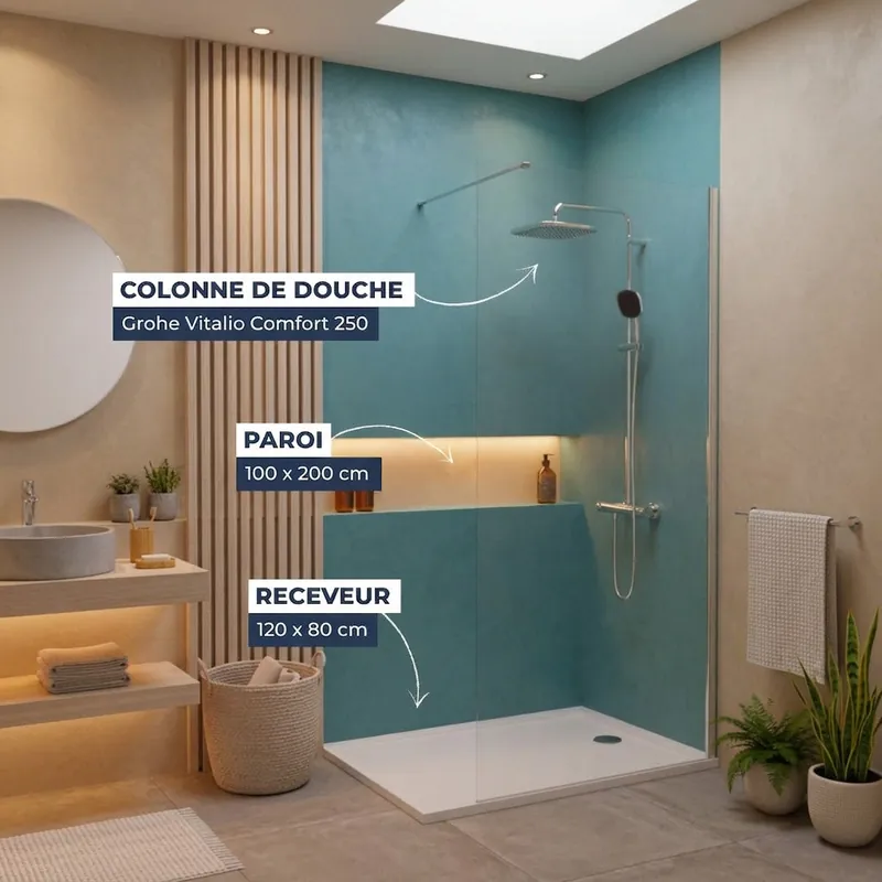 Pack Douche Complet – Paroi Walk-In 100x200 Chrome + Colonne Grohe Vitalio 2 Jets + Receveur Marbre Coulé Blanc 120x80