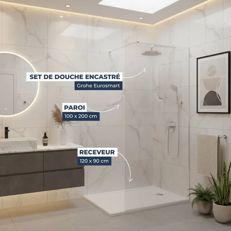 Pack Douche Complet – Paroi Walk-In 100x200 Chrome + Colonne Grohe Eurosmart 2 Jets + Receveur Marbre Coulé Blanc 120x80
