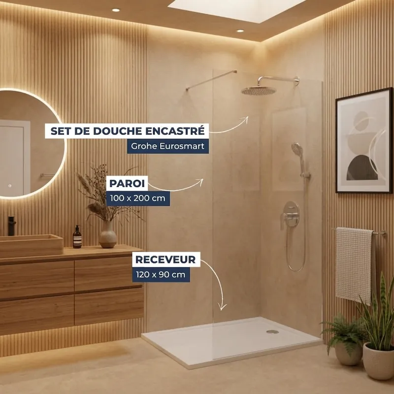 Pack Douche Complet – Paroi Walk-In 100x200 Chrome + Colonne Grohe Eurosmart 2 Jets + Receveur Marbre Coulé Blanc 120x90