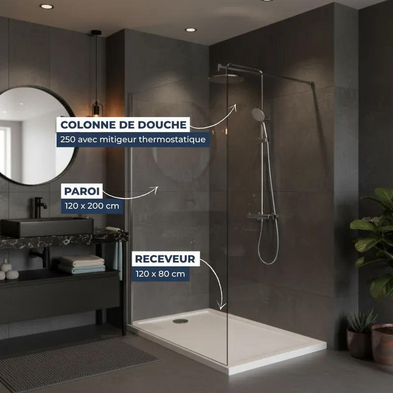 Pack Douche Complet – Paroi Walk-In 120x200 Chrome + Colonne SAT 3 Jets + Receveur Marbre Coulé Blanc 120x80 (SAT120C7PR128W)