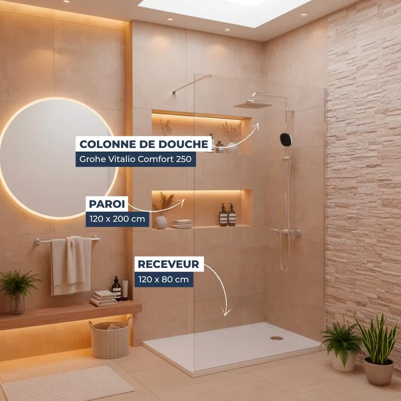 Pack Douche Complet – Paroi Walk-In 120x200 Chrome + Colonne Grohe Vitalio 2 Jets + Receveur Marbre Coulé Blanc 120x80