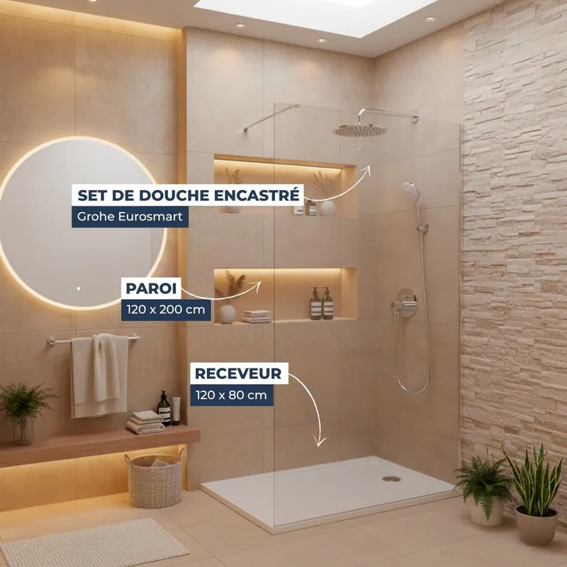 Pack Douche Complet – Paroi Walk-In 120x200 Chrome + Colonne Grohe Eurosmart 2 Jets + Receveur Marbre Coulé Blanc 120x80