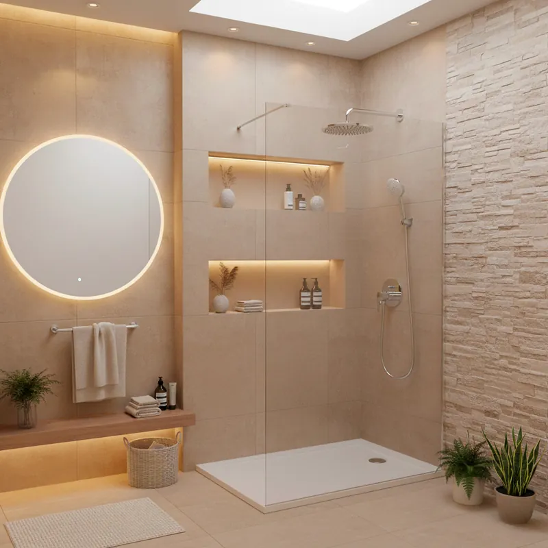 Pack Douche Complet – Paroi Walk-In 140x200 Chrome + Colonne SAT 3 Jets + Receveur Marbre Coulé Blanc 140x80 (SAT100C7PR148W)