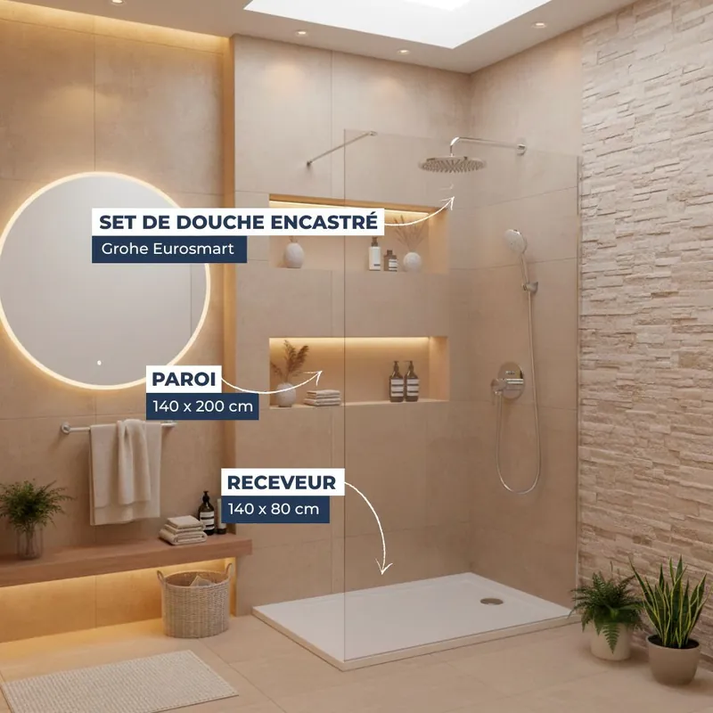 Pack Douche Complet – Paroi Walk-In 140x200 Chrome + Colonne Grohe Eurosmart 2 Jets + Receveur Marbre Coulé Blanc 140x80