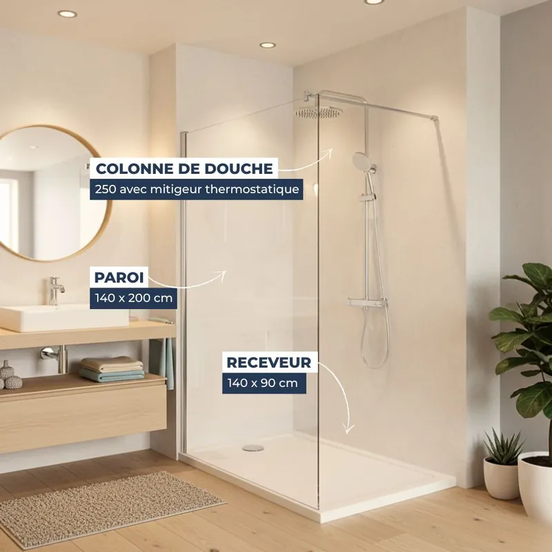 Pack Douche Complet – Paroi Walk-In 140x200 Chrome + Colonne SAT 3 Jets + Receveur Marbre Coulé Blanc 140x90 (SAT100C7PR149W)