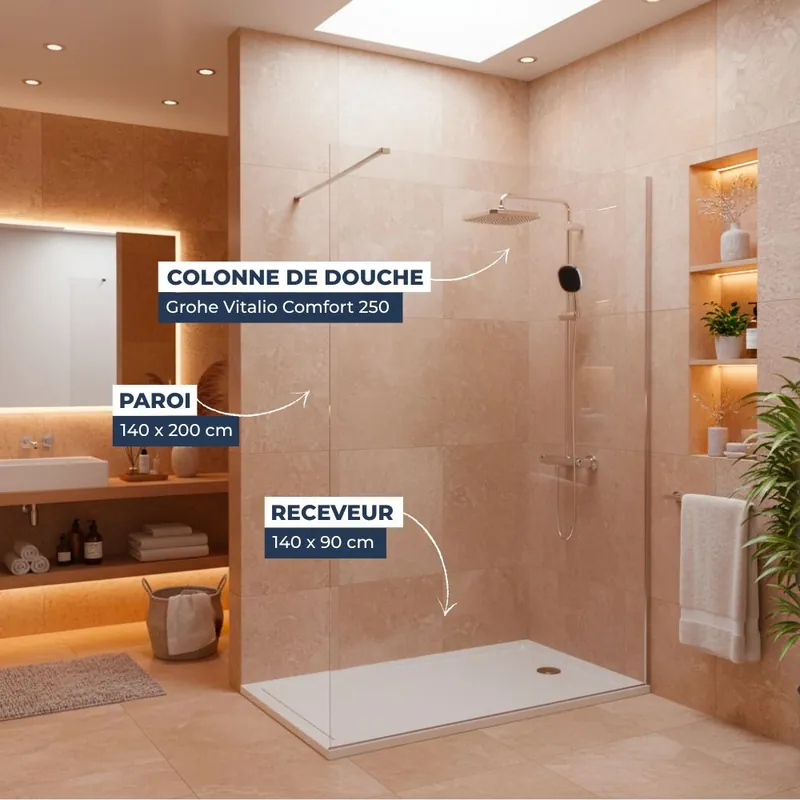 Pack Douche Complet – Paroi Walk-In 140x200 Chrome + Colonne Grohe Vitalio 2 Jets + Receveur Marbre Coulé Blanc 140x90