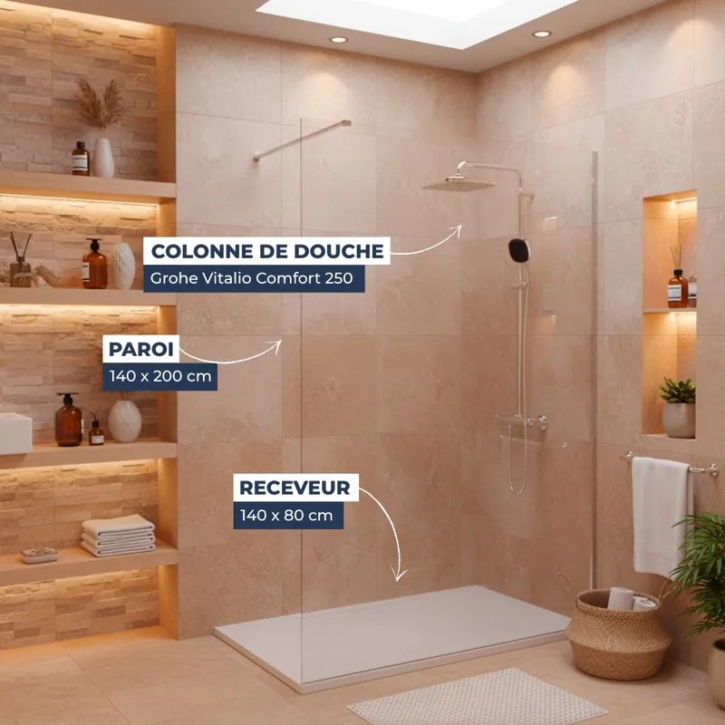 Pack Douche Complet – Paroi Walk-In 140x200 Chrome + Colonne Grohe Vitalio 2 Jets + Receveur Marbre Coulé Blanc 140x80