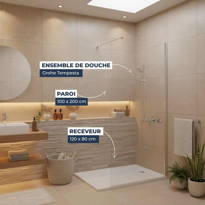 Pack Douche Complet – Paroi Walk-In 100x200 Chrome + Colonne Grohe Tempesta 3 Jets + Receveur Marbre Coulé Blanc 120x80