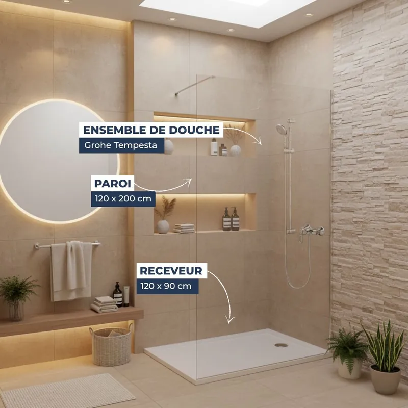 Pack Douche Complet – Paroi Walk-In 120x200 Chrome + Colonne Grohe Tempesta 3 Jets + Receveur Marbre Coulé Blanc 120x90