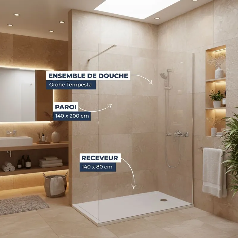 Pack Douche Complet – Paroi Walk-In 140x200 Chrome + Colonne Grohe Tempesta 3 Jets + Receveur Marbre Coulé Blanc 140x80