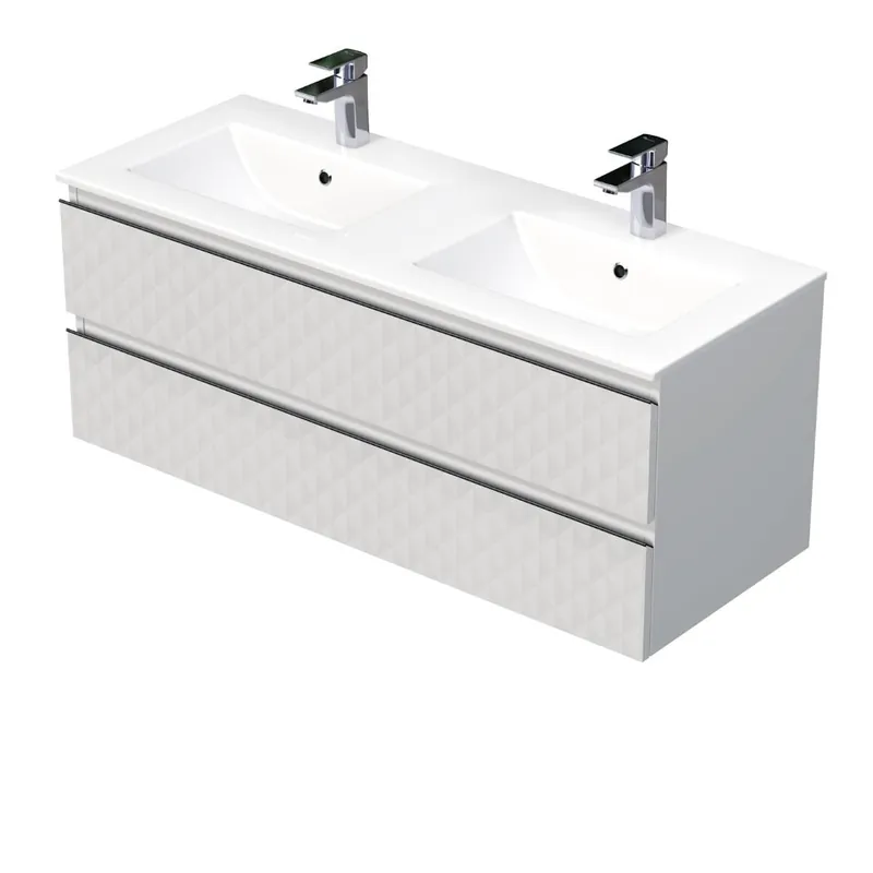 Cube Way 120x47,5x46 cm meuble de salle de bain suspendu 2 tiroirs avec double vasque en céramique, blanc mat (CUBE3D1202ZBMOD)