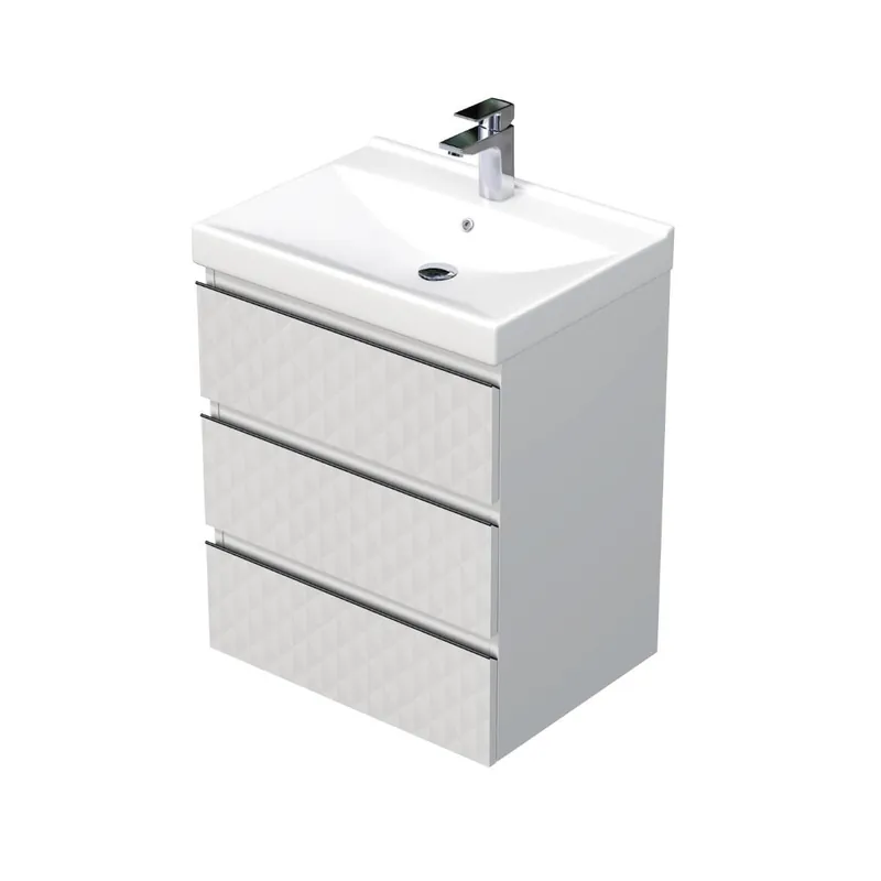 Cube Way 60x71x46 cm meuble de salle de bain suspendu 3 tiroirs avec lavabo en céramique, blanc mat (CUBE3D46603ZBVER)