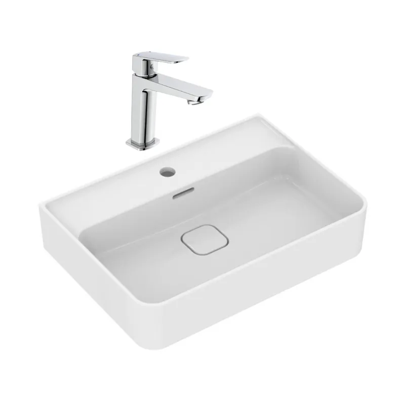 Strada II lavabo 600x430 mm 1 trou + Swiss Aqua Technologies mitigeur lavabo, sans tirette, chrome (T300001SATBSF271)